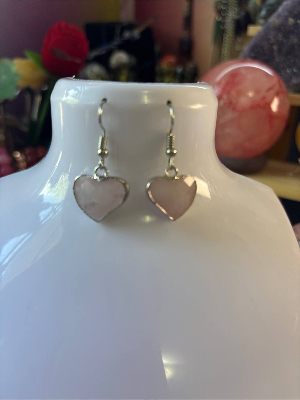 Rose Quartz Heart Drop Earrings in Light Pink